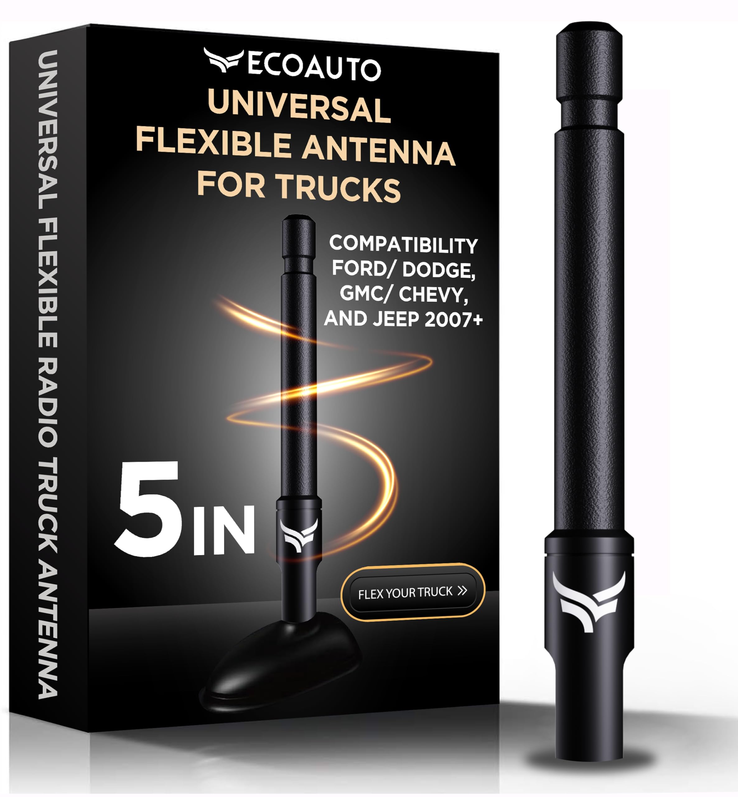 Ecoauto Universal Radio Truck Antenna (5' Flexible) - Fit For Ford, Dodge, Gmc, Chevy, Jeep (2007+) - Perfect Truck Accessories For Men - Anti Theft, Carwash Safe, Short Replacement Antenna For Truck