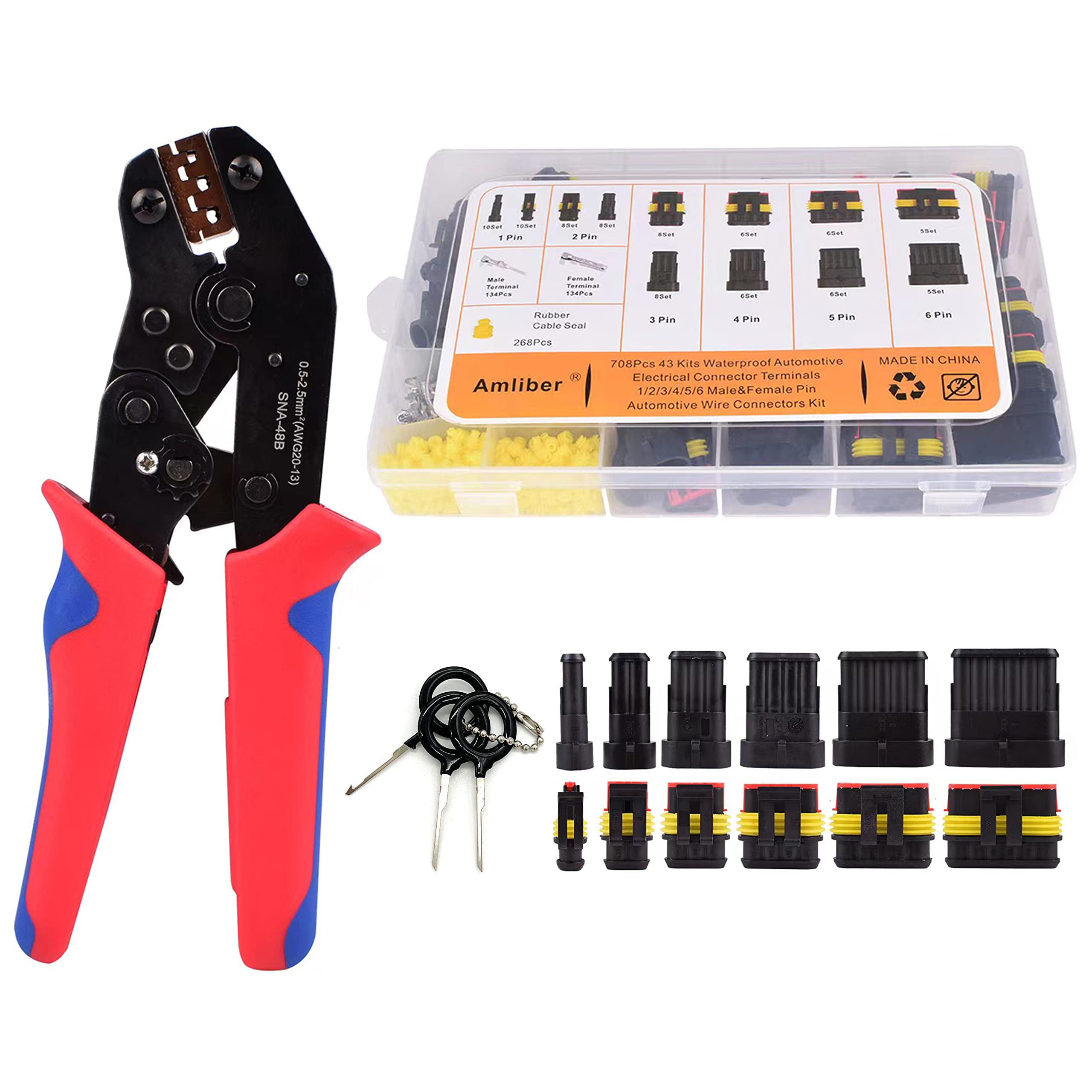 Amliber 709Pcs 43 Kits Waterproof Automotive Wire Connectors With Ratcheting Wire Crimper, 1/2/3/4/5/6 Pin Automotive Electrical Connectors With Wire Crimping Tool Kit