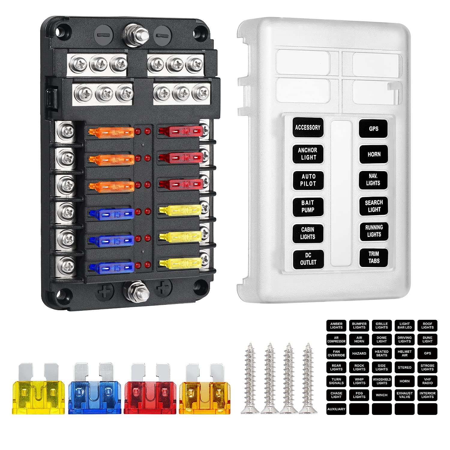 Deyooxi 12 Way 12V Blade Fuse Block,12 Circuit Atc/Ato Fuse Box Holder With Led Indicator Waterpoof Cover For 12V/24V Automotive Truck Boat Marine Rv Van Vehicle (With 16 Pcs Fuse)