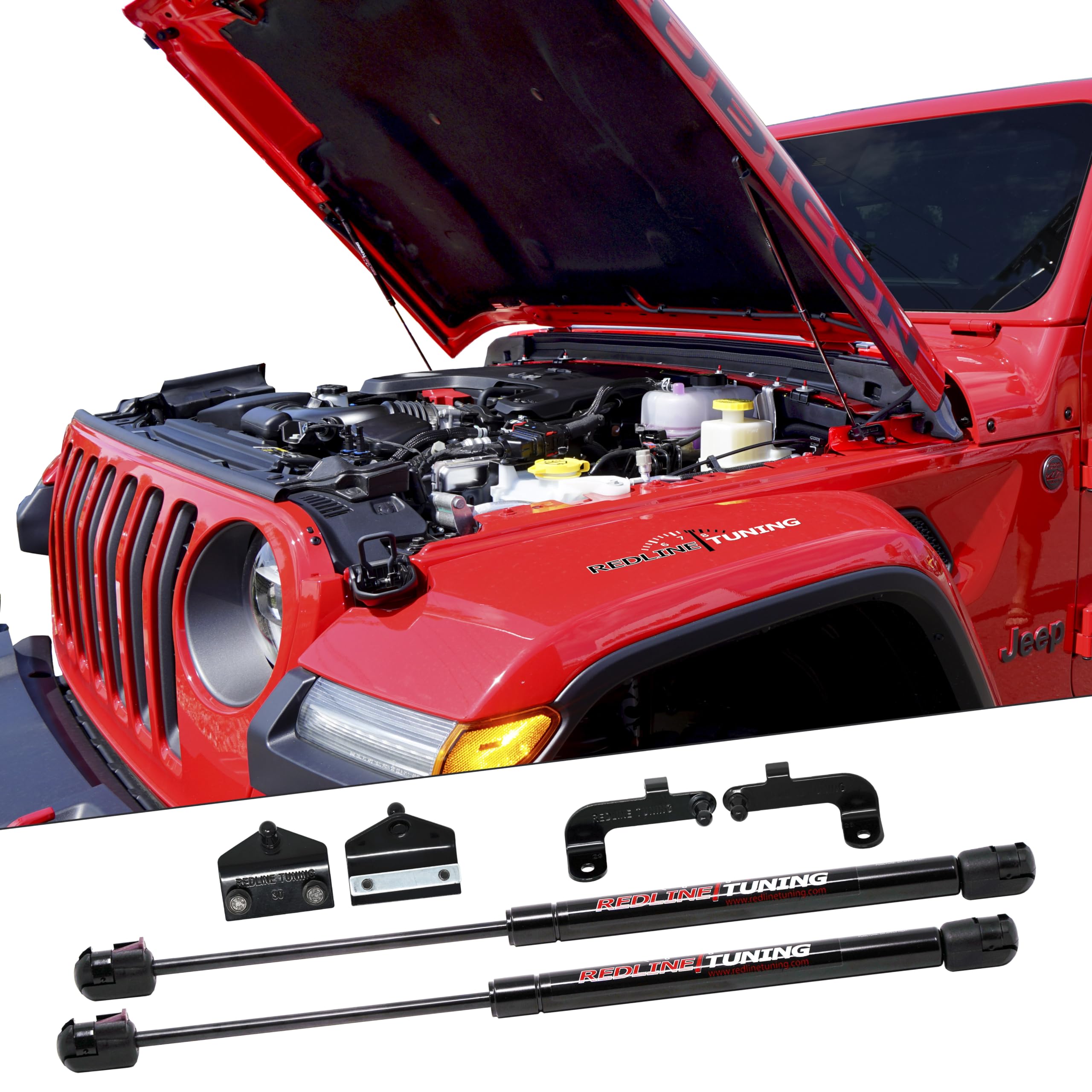 Redline Tuning 21-20003-02 Hood Quicklift Plus Compatible With Jeep Wrangler Jl 2018+ & Compatible With Jeep Gladiator Jt 2020+ (Bolt-In System - All Black Components)
