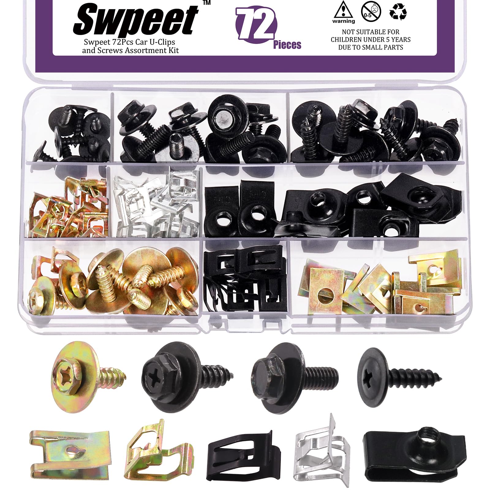 Swpeet 72Pcs Universal Metal Engine Under Cover Body Bolts Bumper Fender And Metal Trim Panel Spring Clip Auto Car U-Clip Trim Moulding Clip With Matched Screws Compatible With Most Cars