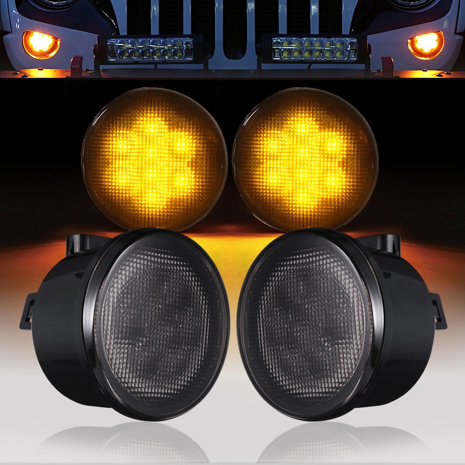 Hooke Road Jk Front Turn Signal Lights Indicator Blinker Smoked Amber Led Compatible With Jeep Jk Wrangler 2007-2018