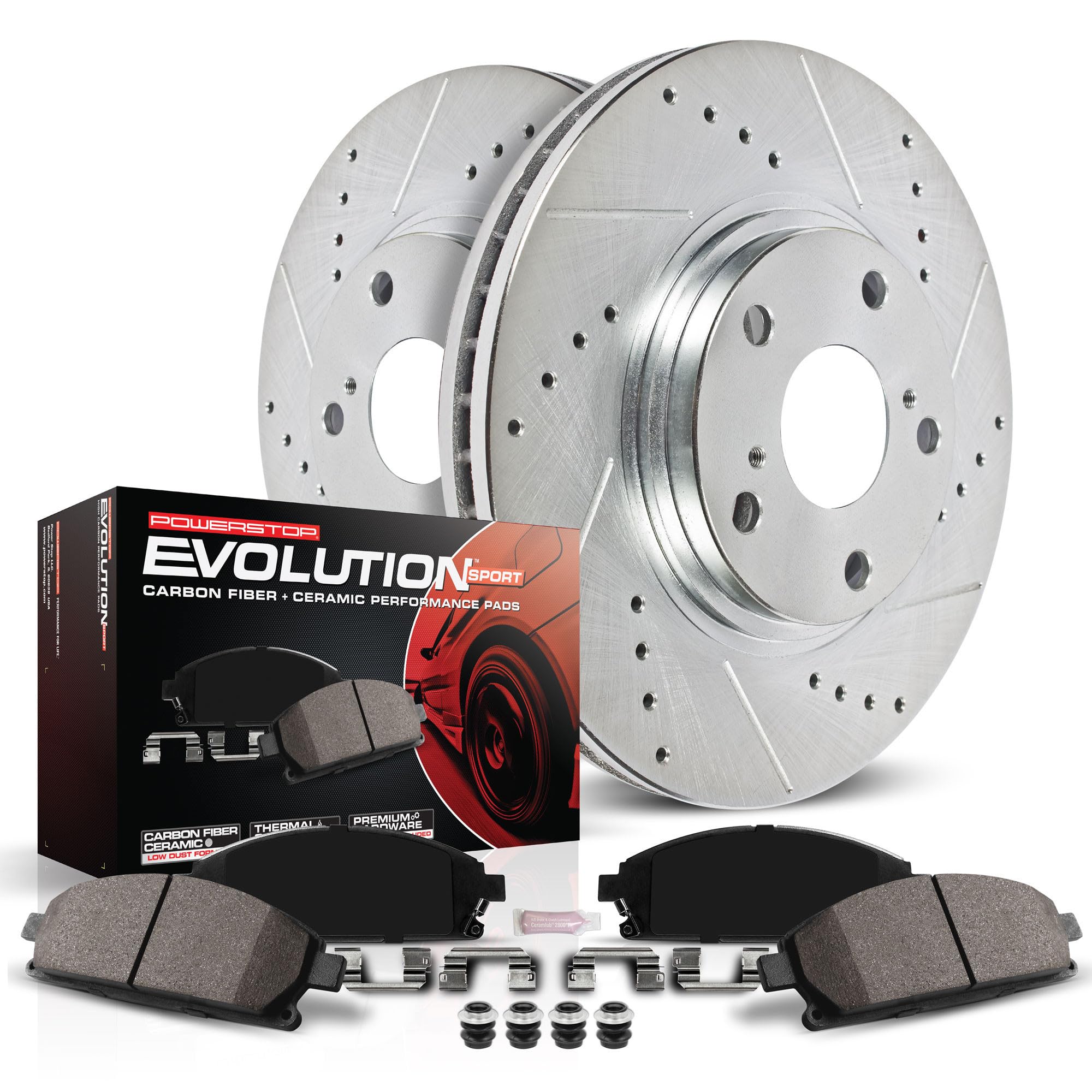 Power Stop K8846 Rear Z23 Daily Driver Carbon-Fiber Ceramic Brake Pads And Drilled And Slotted Rotors Kit