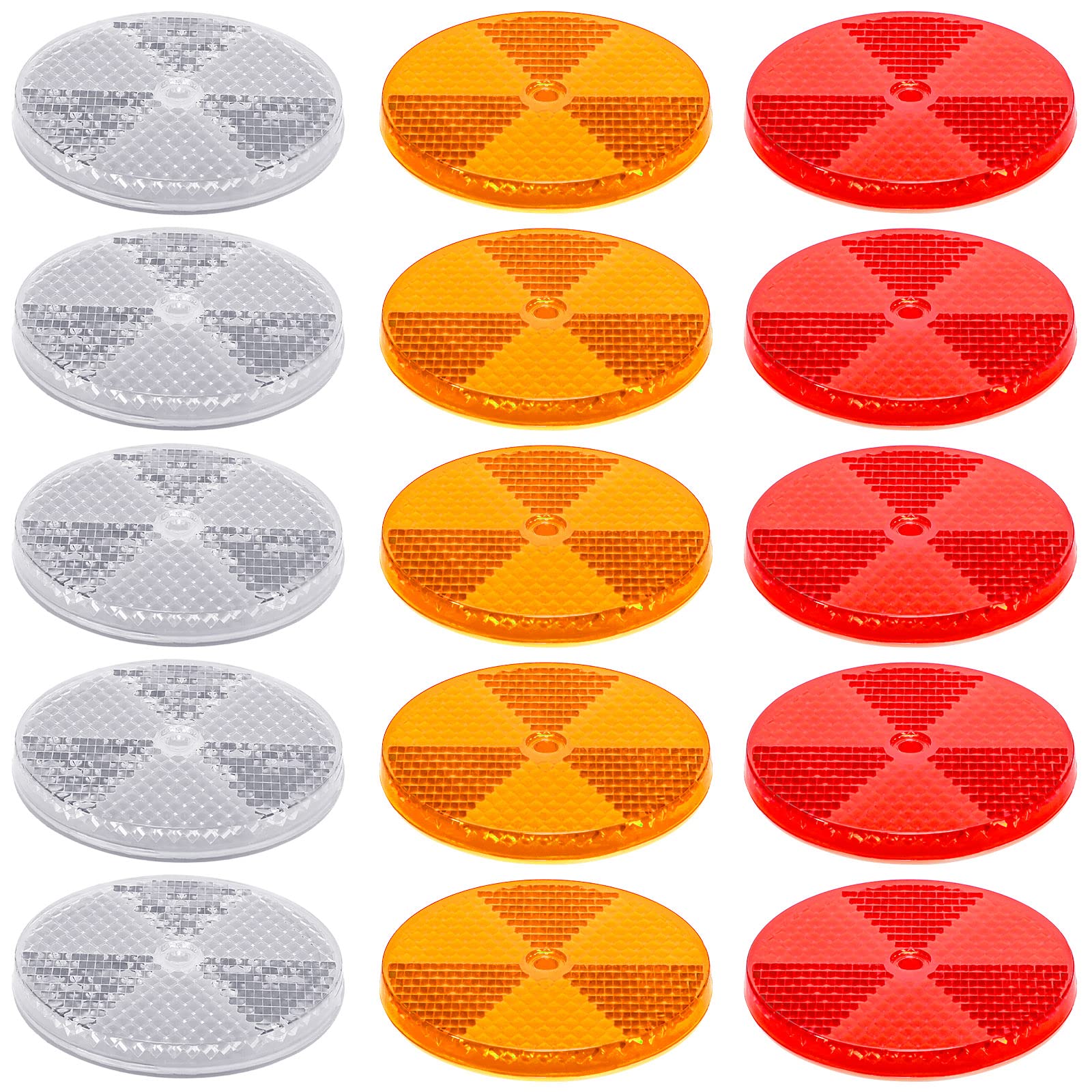 15 Pack 3.165 Inch Round Front Reflector Driveway Trailer Reflectors Reflective Mailbox Reflector Safety Reflectors For Post With Center Mounting Hole For Garage Fence Gate Car Truck, White Red Yellow