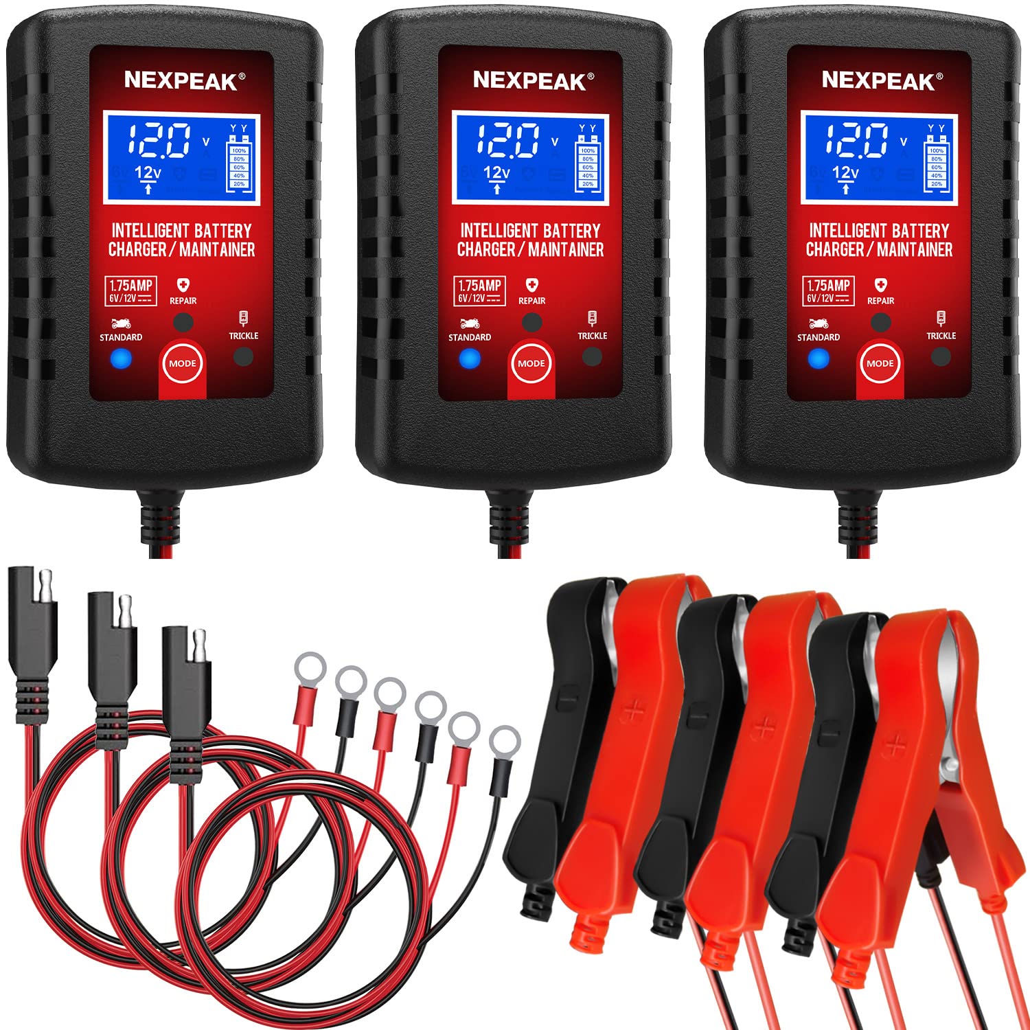 [3-Pack]1.75-Amp Car Battery Charger, 6V And 12V Smart Fully Automatic Battery Charger Maintainer, Trickle Charger, Battery Desulfator For Car, Lawn Mower, Motorcycle, Boat, Marine Lead Acid Batteries