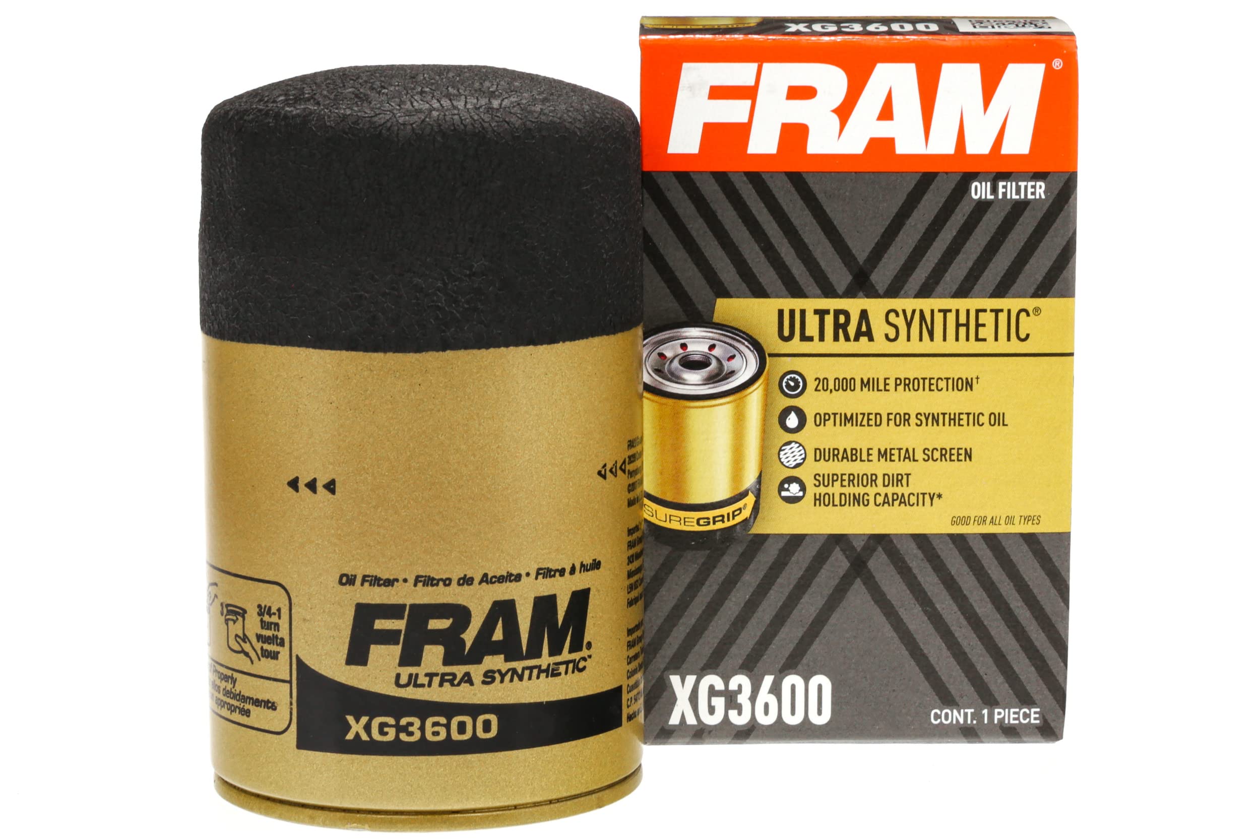 Fram Ultra Synthetic Automotive Replacement Oil Filter, Designed For Synthetic Oil Changes Lasting Up To 20K Miles, Xg3600 With Suregrip (Pack Of 1)