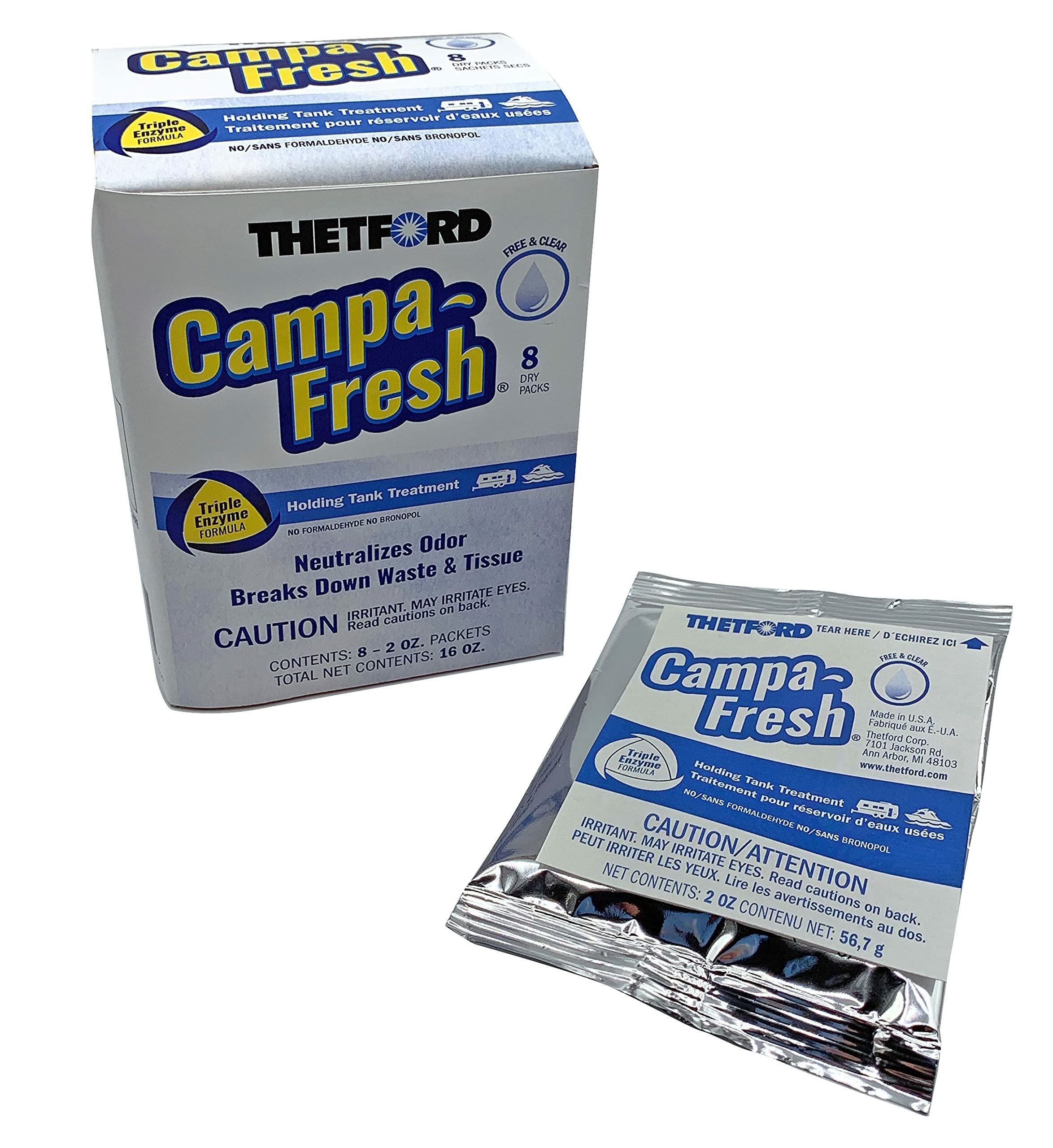 Thetford Campa-Fresh Free & Clear Rv Holding Tank Treatment, Formaldehyde Free, Waste Digester, Septic Tank Safe, 8 Pack Dripack (96730)