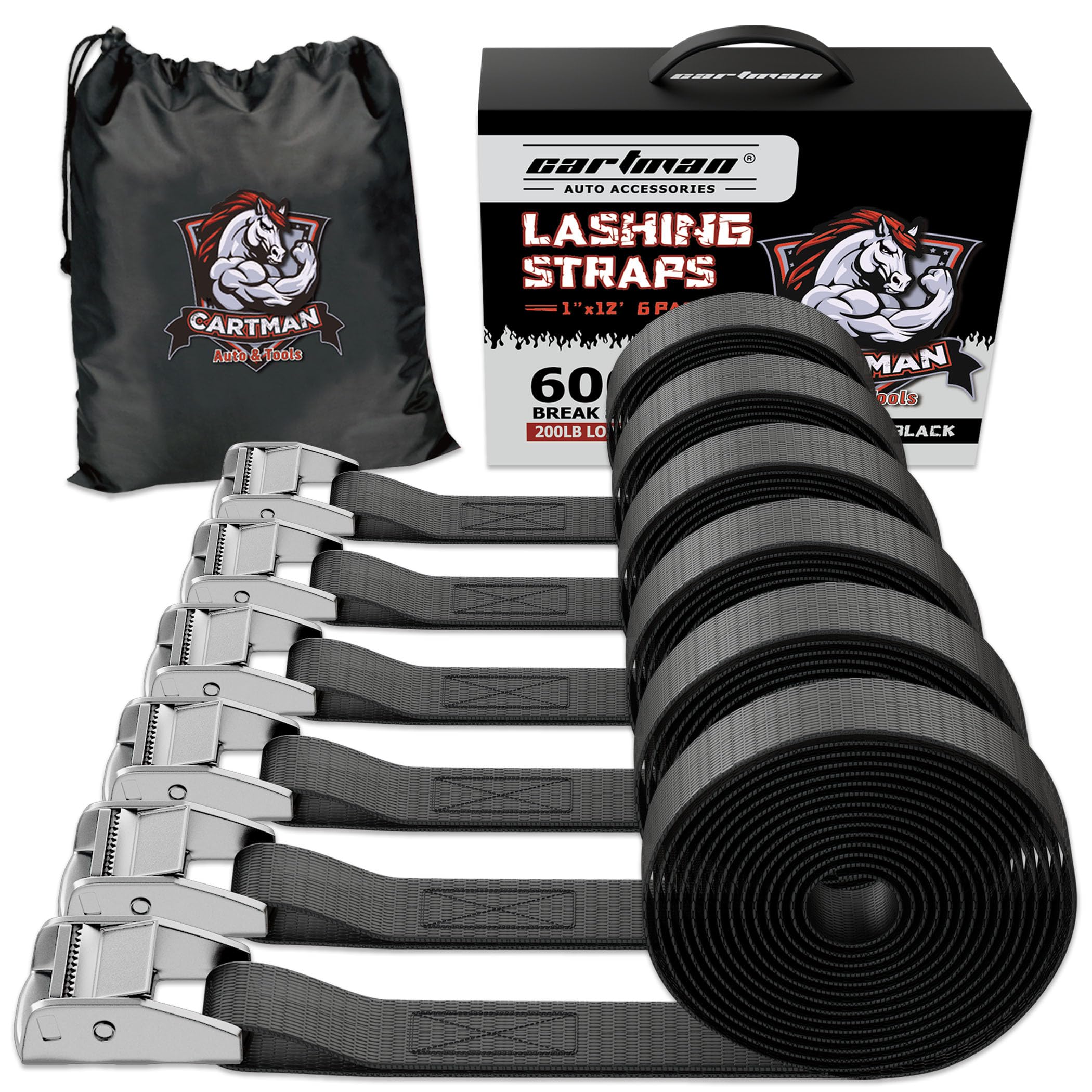 Cartman 1' X 12' Lashing Straps Cargo Tie-Down Strap Up To 600Lbs, 6Pk In Carry Bag, Black