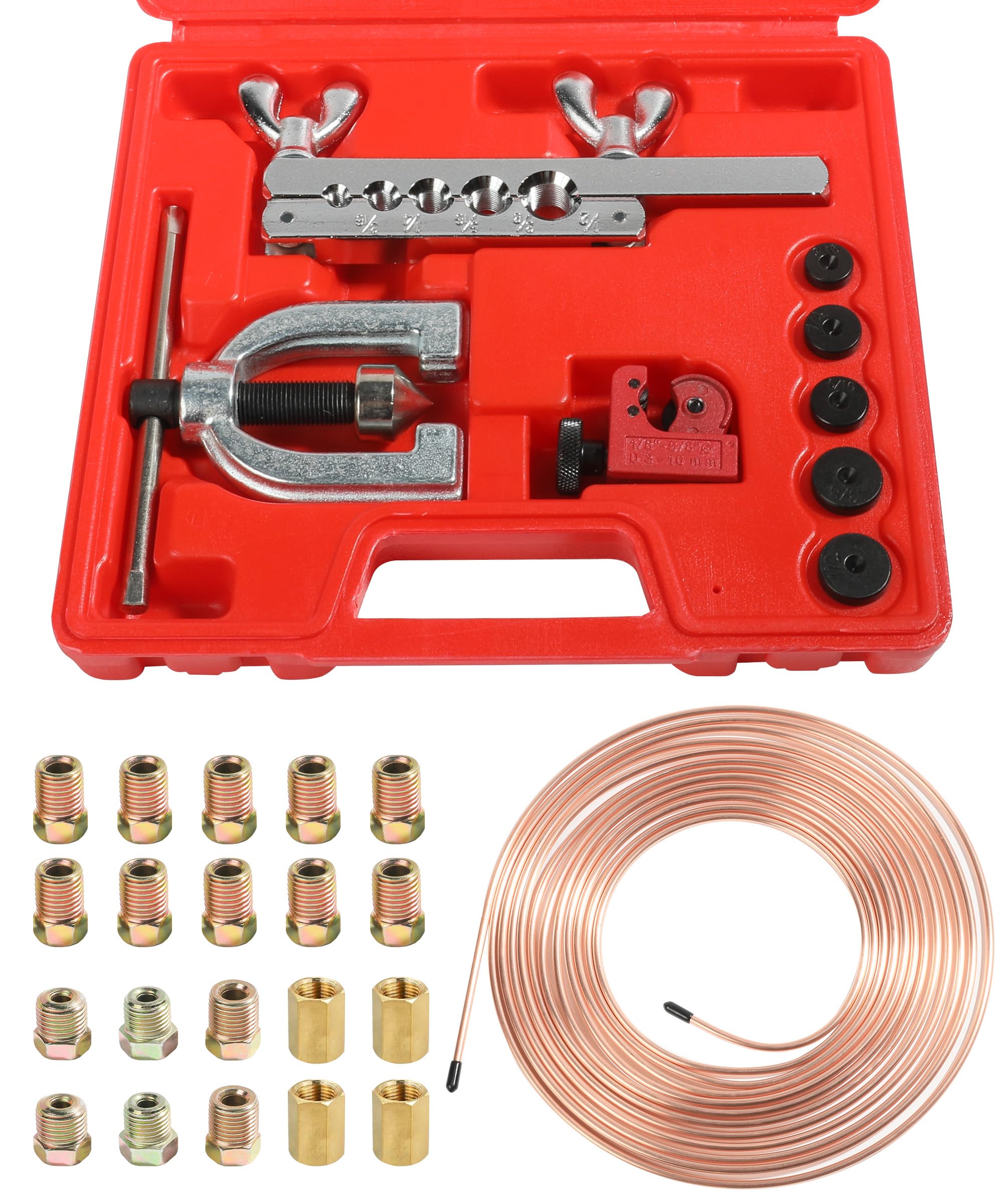Yakefly 25 Ft 3/16 Copper Coated Brake Line Kit With 16 Fittings And 4 Unions Brake Line Fittings,Brake Line Double & Single Flaring Tool Kit,Fits For Most Hydraulic Braking Systems,Fuel Systems,Etc
