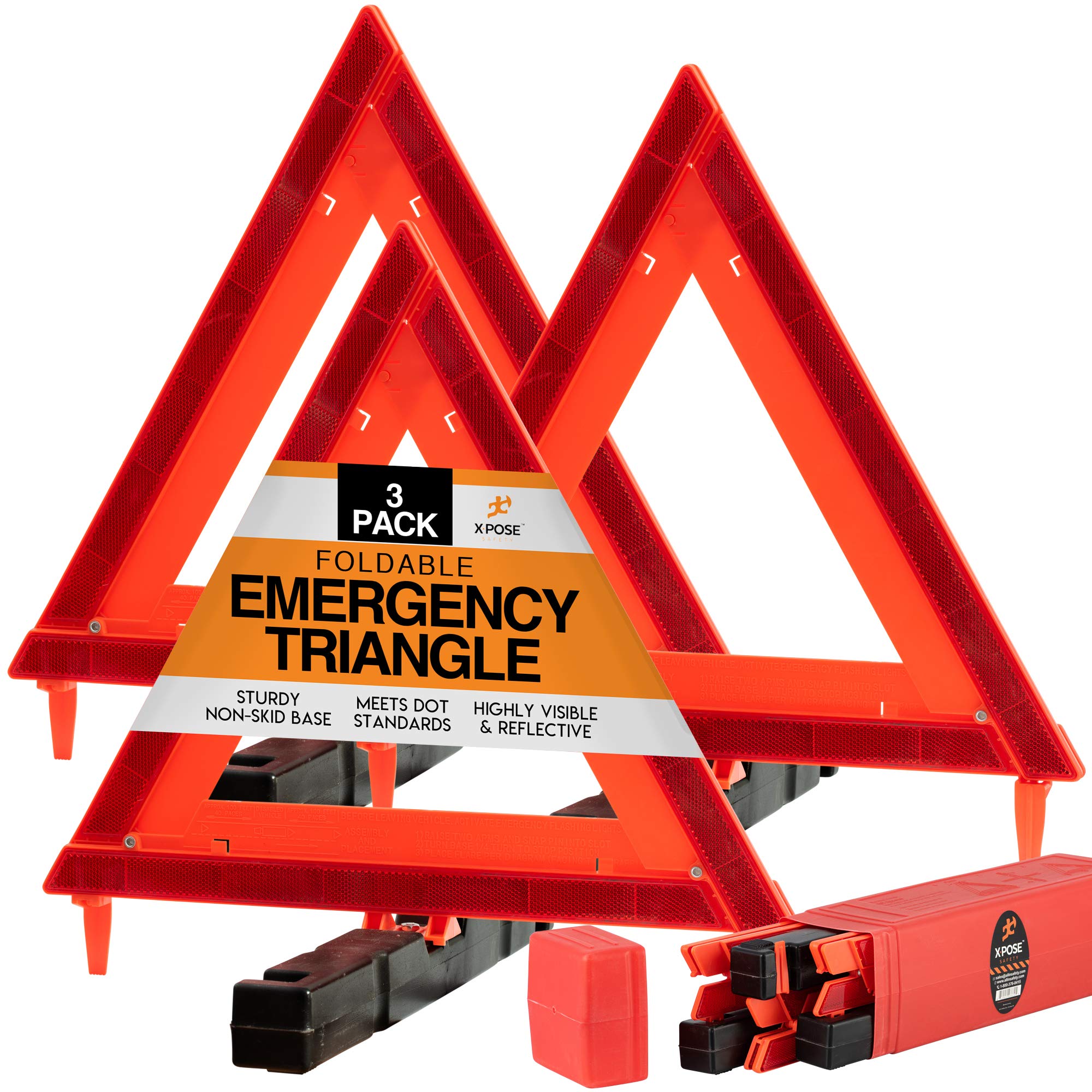 Xpose Safety Reflective Emergency Triangles 3 Pack - Roadside Car Safety And Warning Tool - Dot Approved Triangle Reflectors - Red And Orange Automotive Vehicle Road Visibility And Hazard Marker