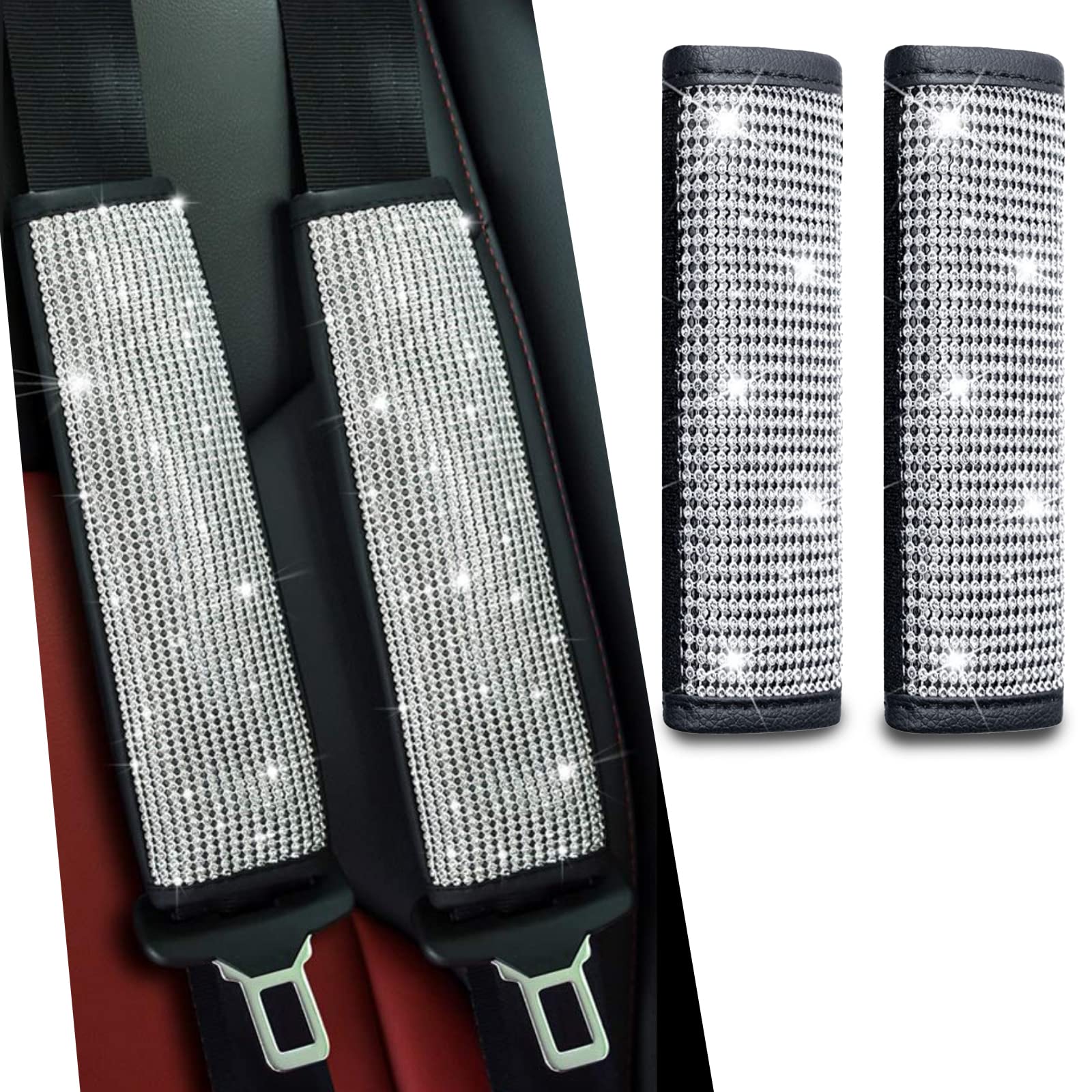 Jddry 2-Pack Bling Seat Belt Covers,Bling Seat Belt Covers For Womens,Car Seat Belt Strap Cover Shoulder Pad,Universal Car Interior Accessories Fit For Car/Truck/Suv(Silver,2Pc)