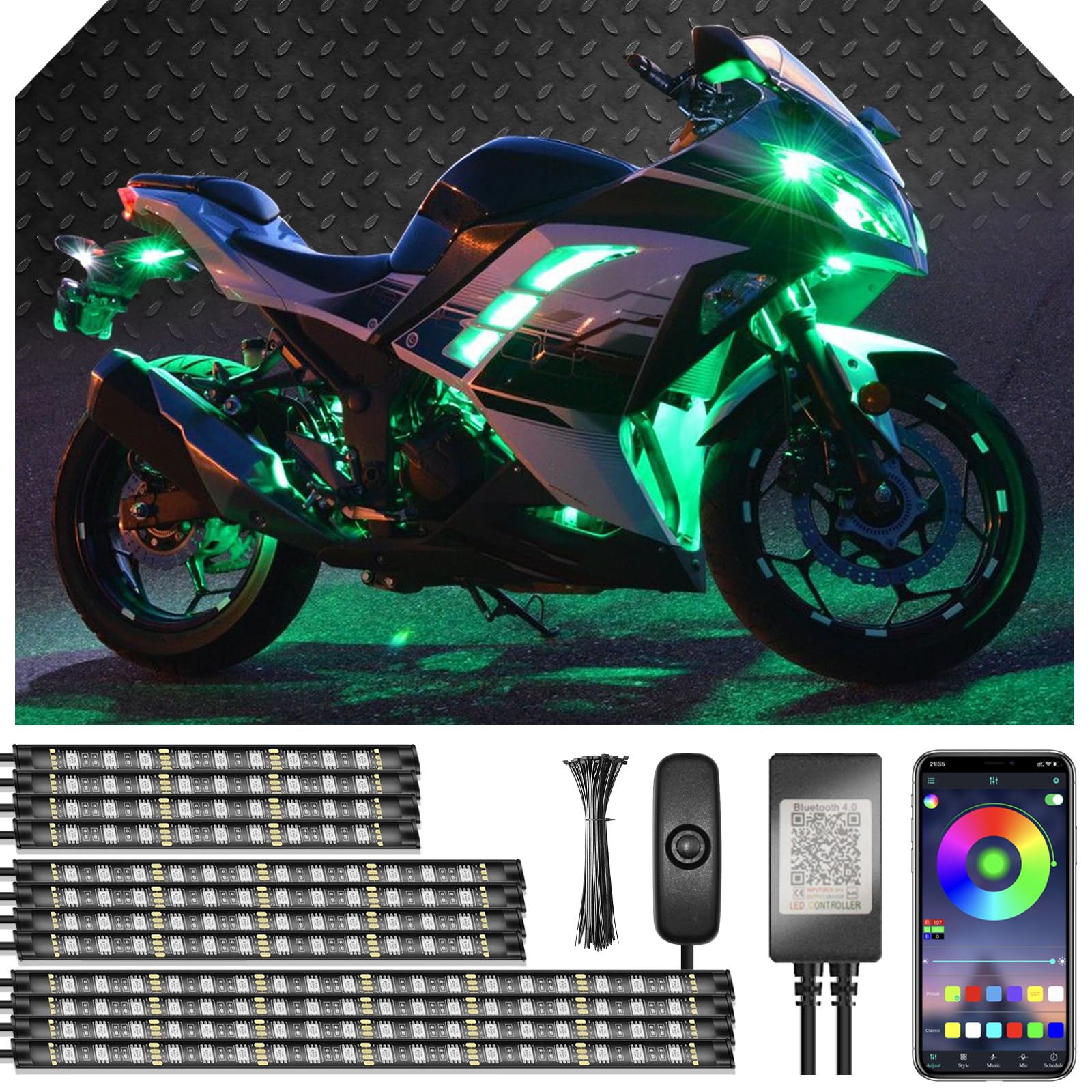 Jjunlim 12Pcs Motorcycle Underglow Led Strip Light Kit Waterproof Rgb Neon Accent Light Ground Effect Atmosphere Light Strips Dc 12V With App Control For Motorbike Trikes Golf Carts Atvs Utvs