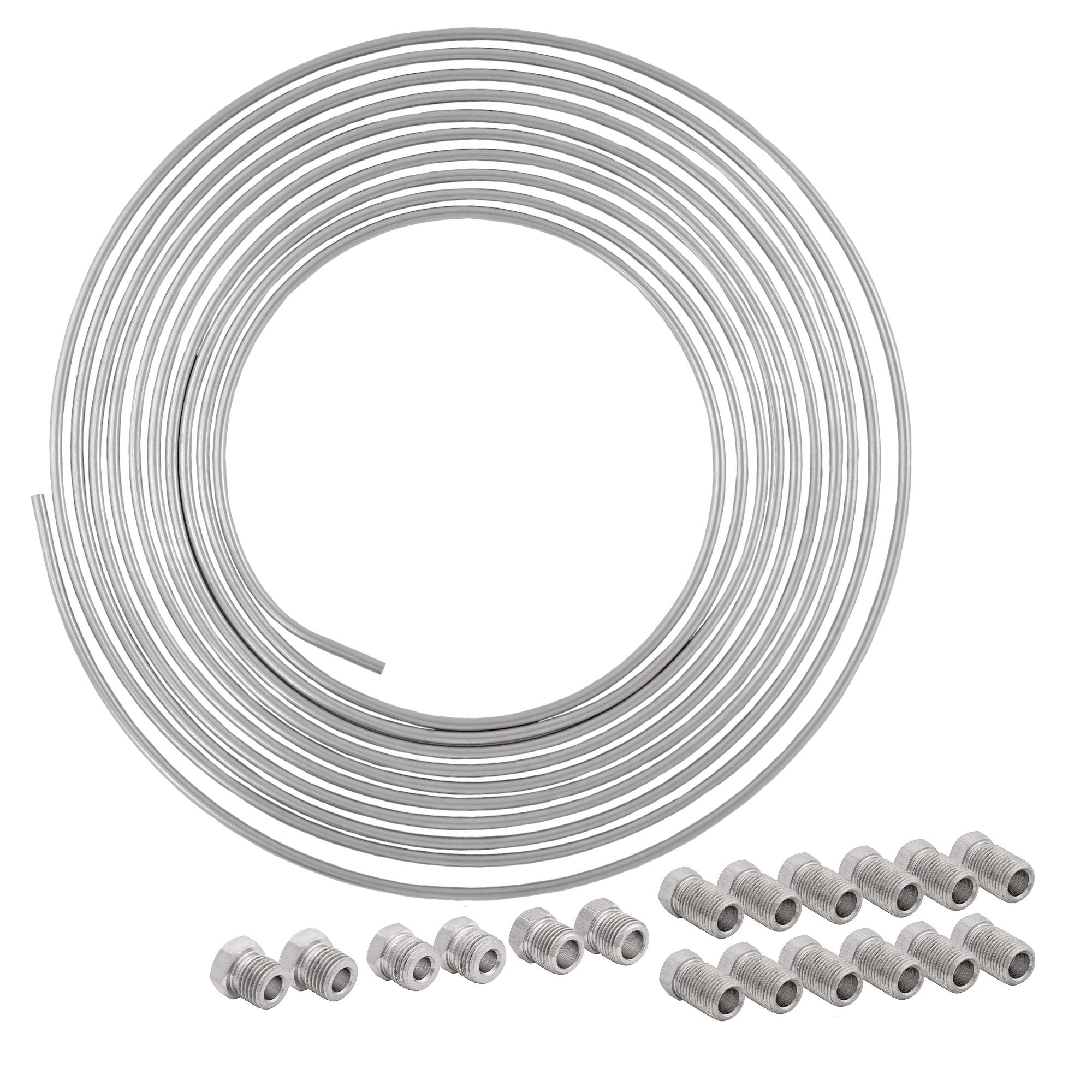 4Lifetimelines 25 Ft 3/16 316L Marine Grade Stainless Steel Brake Line Replacement Tubing Coil And Fitting Kit, 16 Fittings Included, Inverted Flare, Sae Thread, 0.028 Inch Wall Thickness