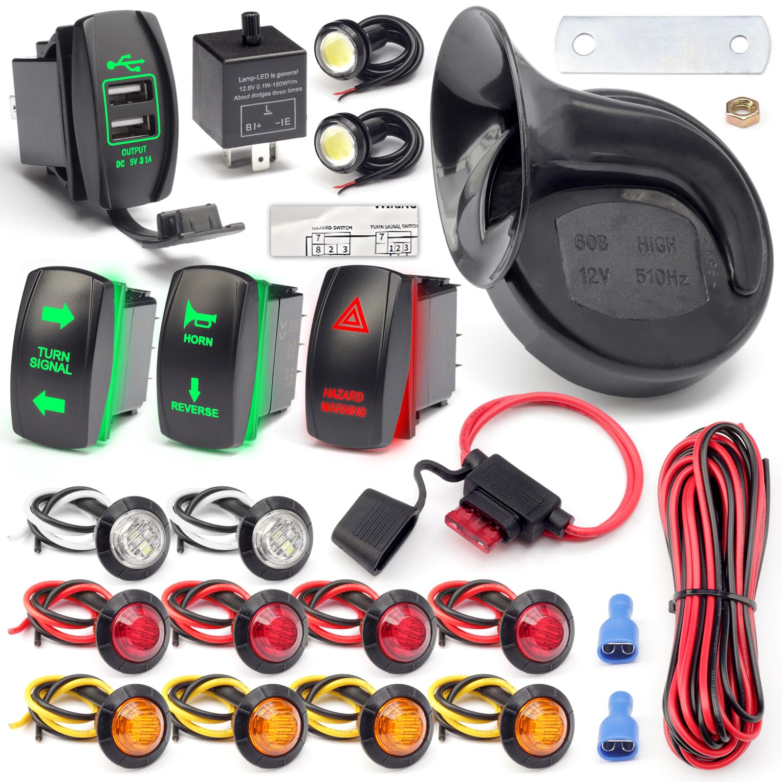 Universal Atv Utv Sxs Turn Signal Street Legal Blinker Kit With 110Db Horn Reverse Hazard Light Rocker Switch Usb Flasher Relay Compatible With Polaris Rzr Ranger Xp Turbo Can-Am Kawasaki Golf Cart