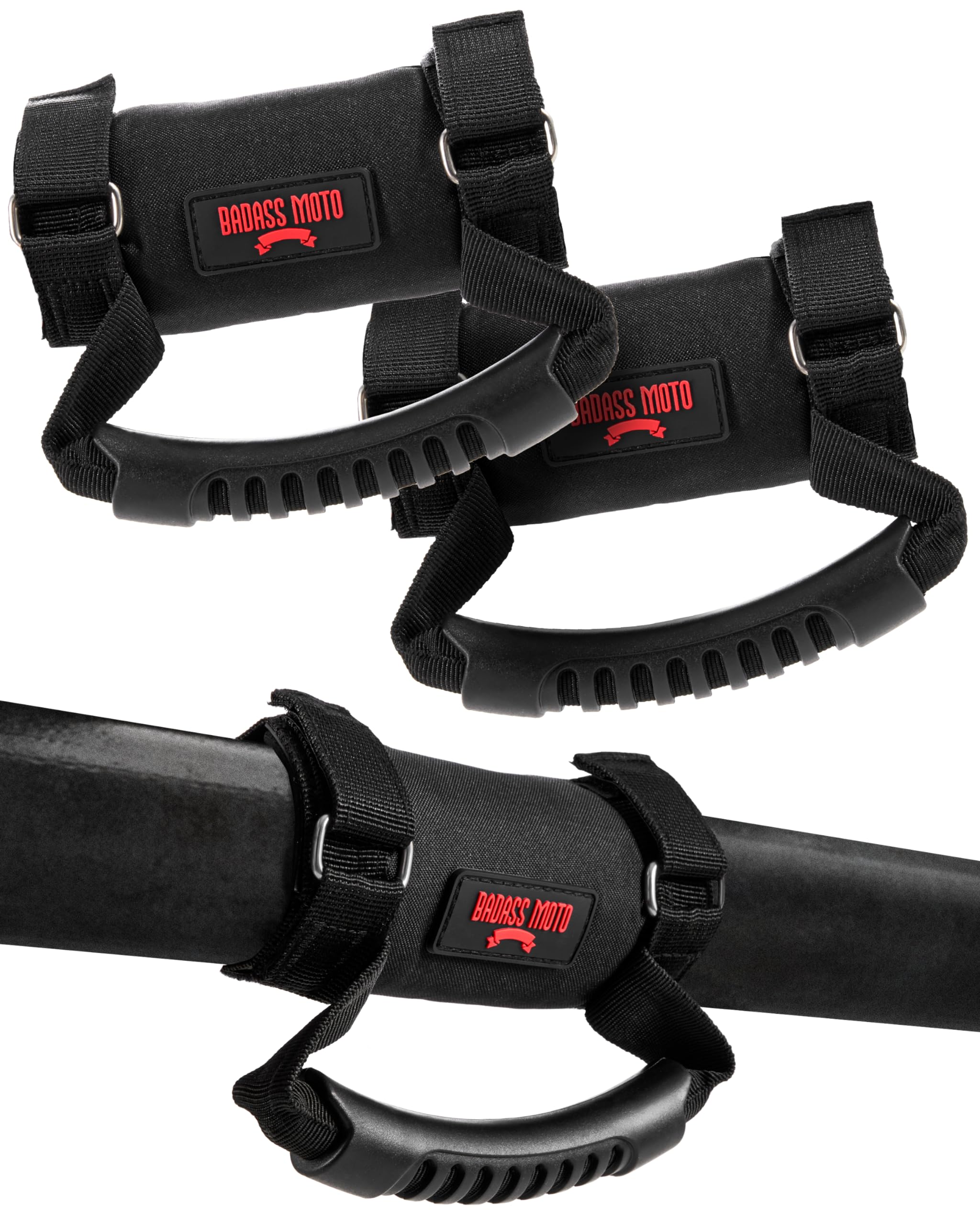 Badass Moto Roll Bar Grab Handles - Sxs, Atv, & Utv Grab Handles Grips For 1.5 To 2' Rollbar - Black & Red Hand Grip Grabs With Stainless Steel Buckles For Honda, Teryx, Can-Am, Polaris, More - 2 Pack