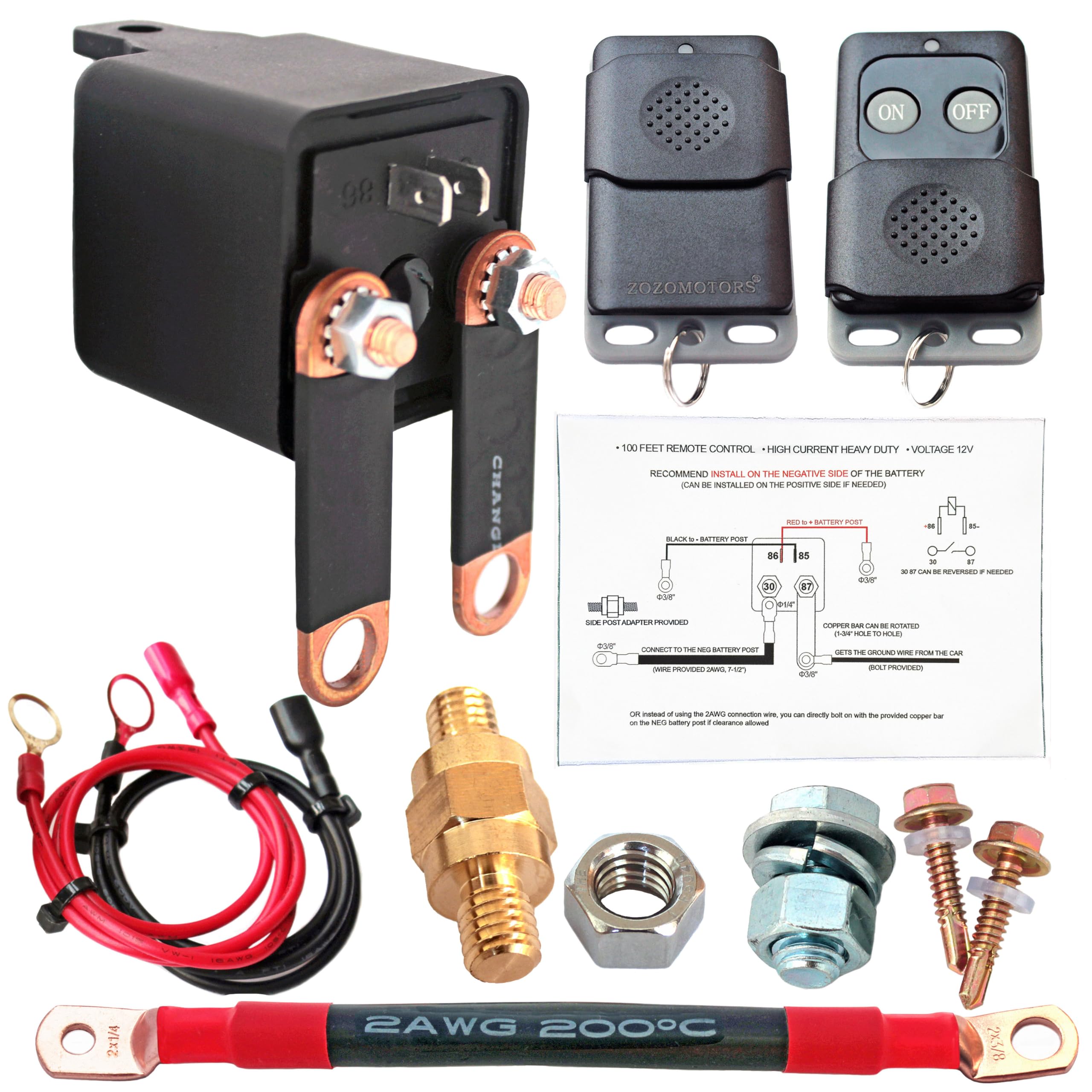 Zozomotors 3/8' Side Post Remote Battery Disconnect Switch 12V Battery Kill Switch For Car Truck Utv Atv Marine Anti Theft Battery Cut/Shut Off Switch, 200/1000 Amp Heavy Duty, On/Off