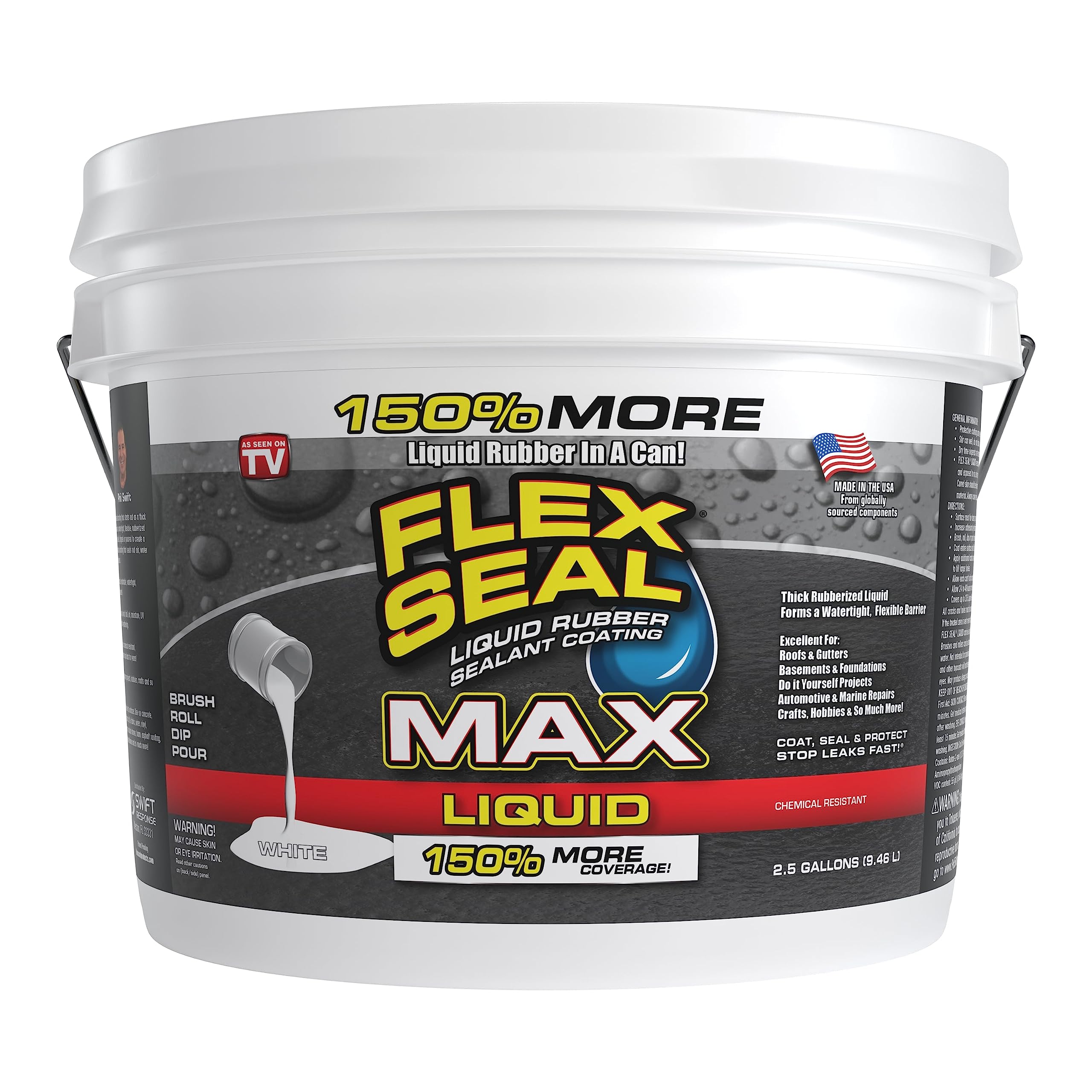 Flex Seal Liquid Max, 2.5 Gallon, White, Liquid Rubber Coating Sealant, Waterproof, Flexible, Breathable, And Uv Resistant, Roof Repair, Basements, Rv, Campers, Trailers, Marine, Epdm, Masonry