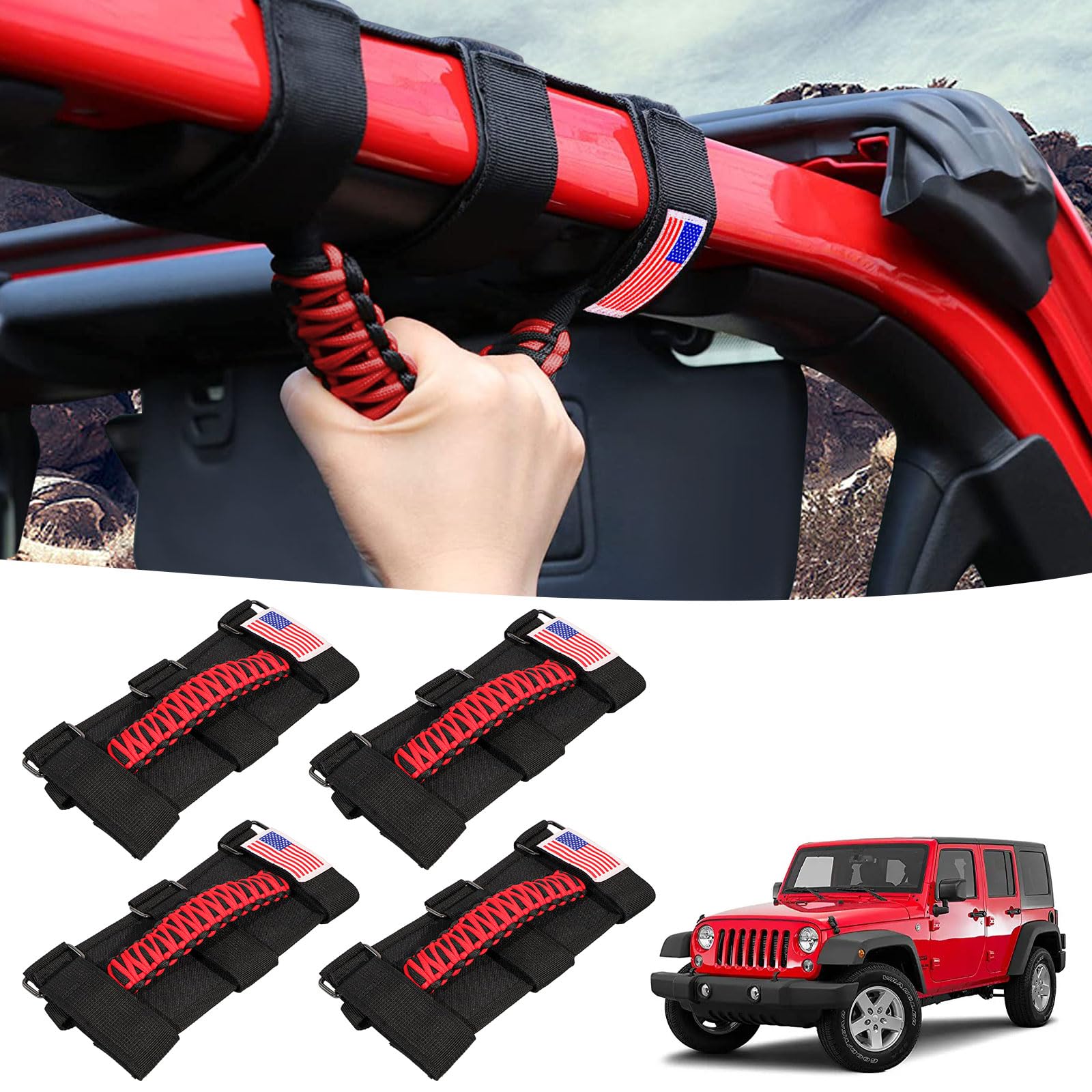 Gaizon 4 Pack Grab Handles Paracord Roll Bar For Jeep Wrangler Accessories Cj Yj Tj Jl Jk Lj Jlu Jku Sahara Freedom Rubicon,Gladiator Jt 1955-2023 Interior Accessories With America Flag(Red)