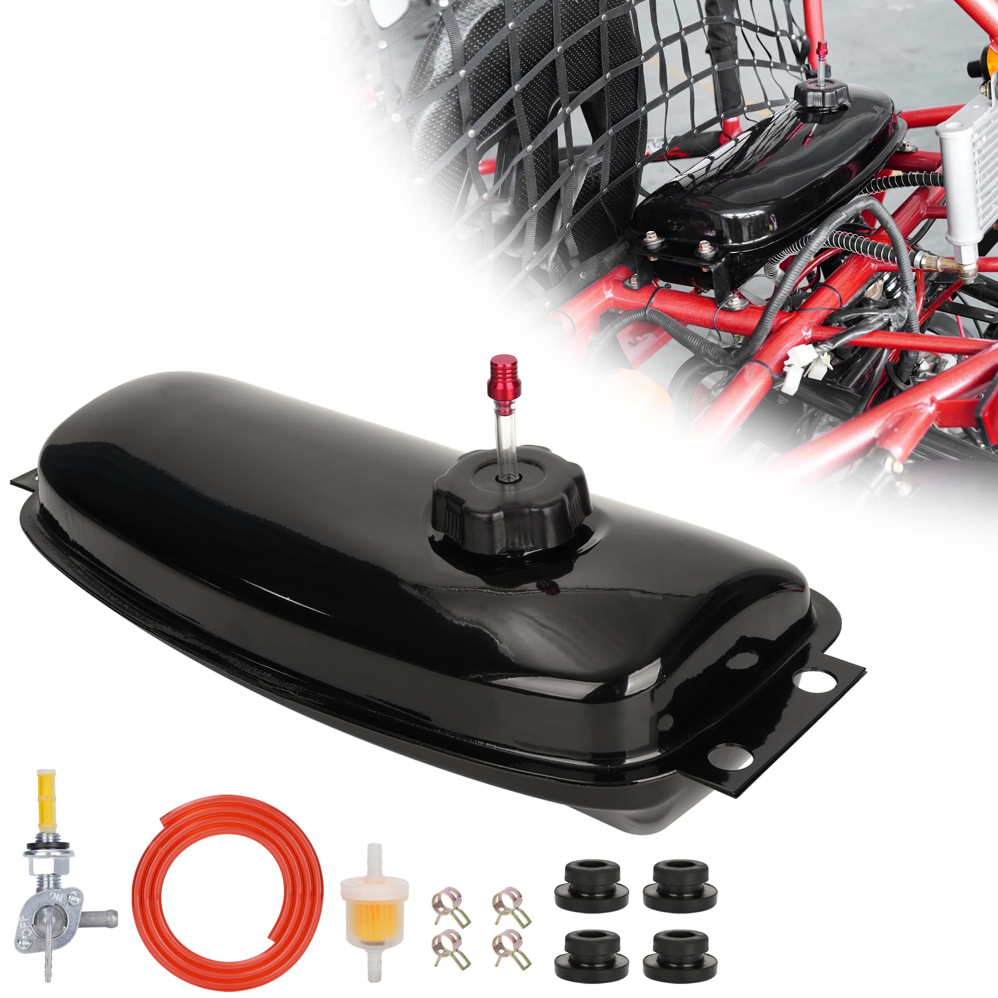 Gas Fuel Tank With Cap Petcock Vent Tube Fuel Filter Line, Sturdy For 150Cc 250Cc Hammerhead Trailmaster Gts Kt Rave Ss150 Ss250 Kandi Kd 150Fs 150Gka-2 150Gkm-2 Targa 200 Go Kart