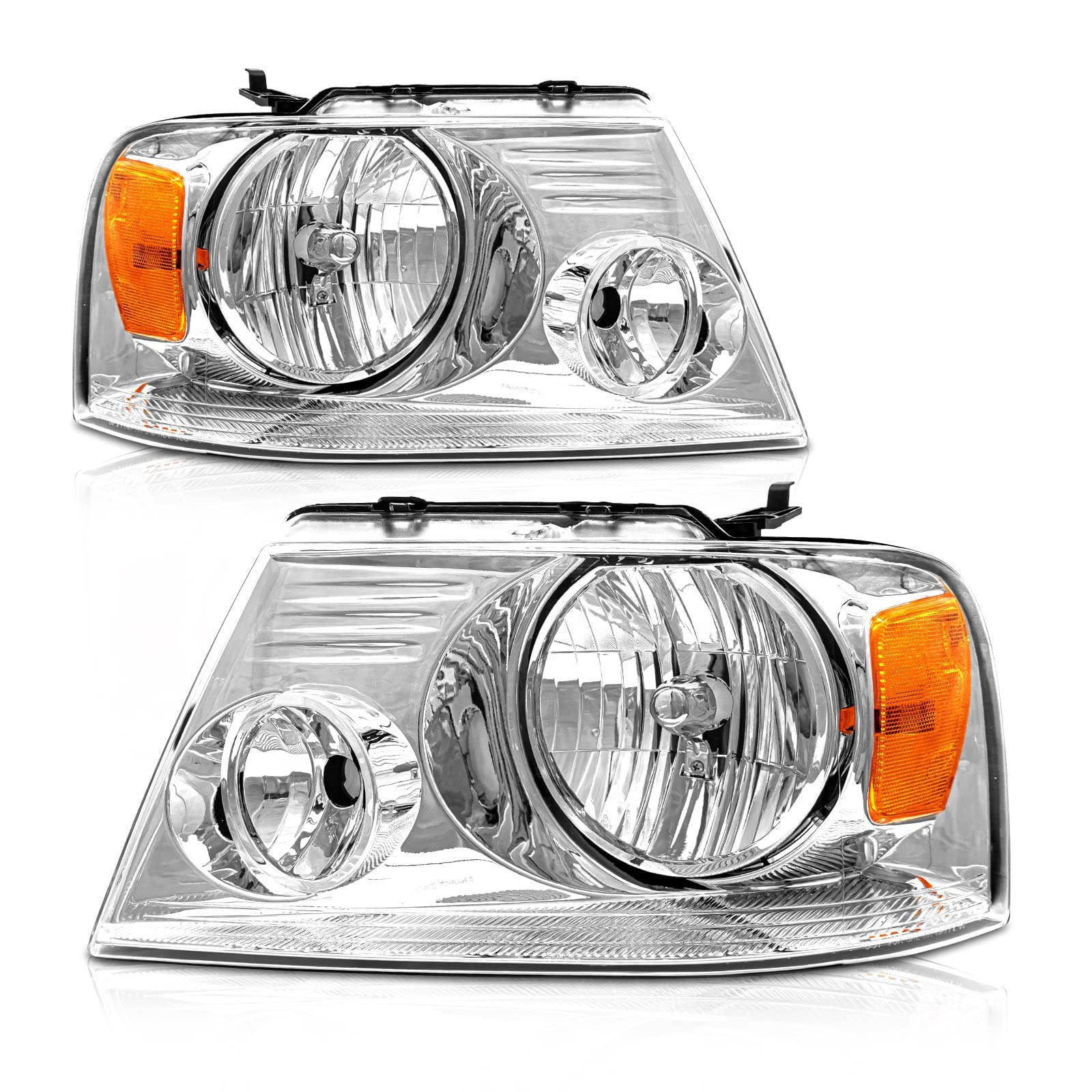 Axlaha 2004-2008 F150 Headlights Assembly For 2004 2005 2006 2007 2008 Ford F150 / 06-08 Lincoln Mark Lt Pickup Chrome Housing Amber Reflector Clear Lens Replacement Driver And Passenger Side