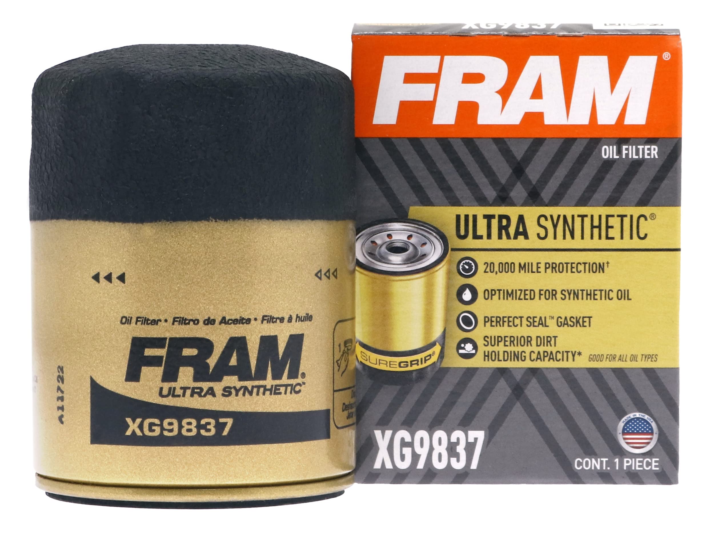 Fram Ultra Synthetic Automotive Replacement Oil Filter, Designed For Synthetic Oil Changes Lasting Up To 20K Miles, Xg9837 With Suregrip (Pack Of 1)