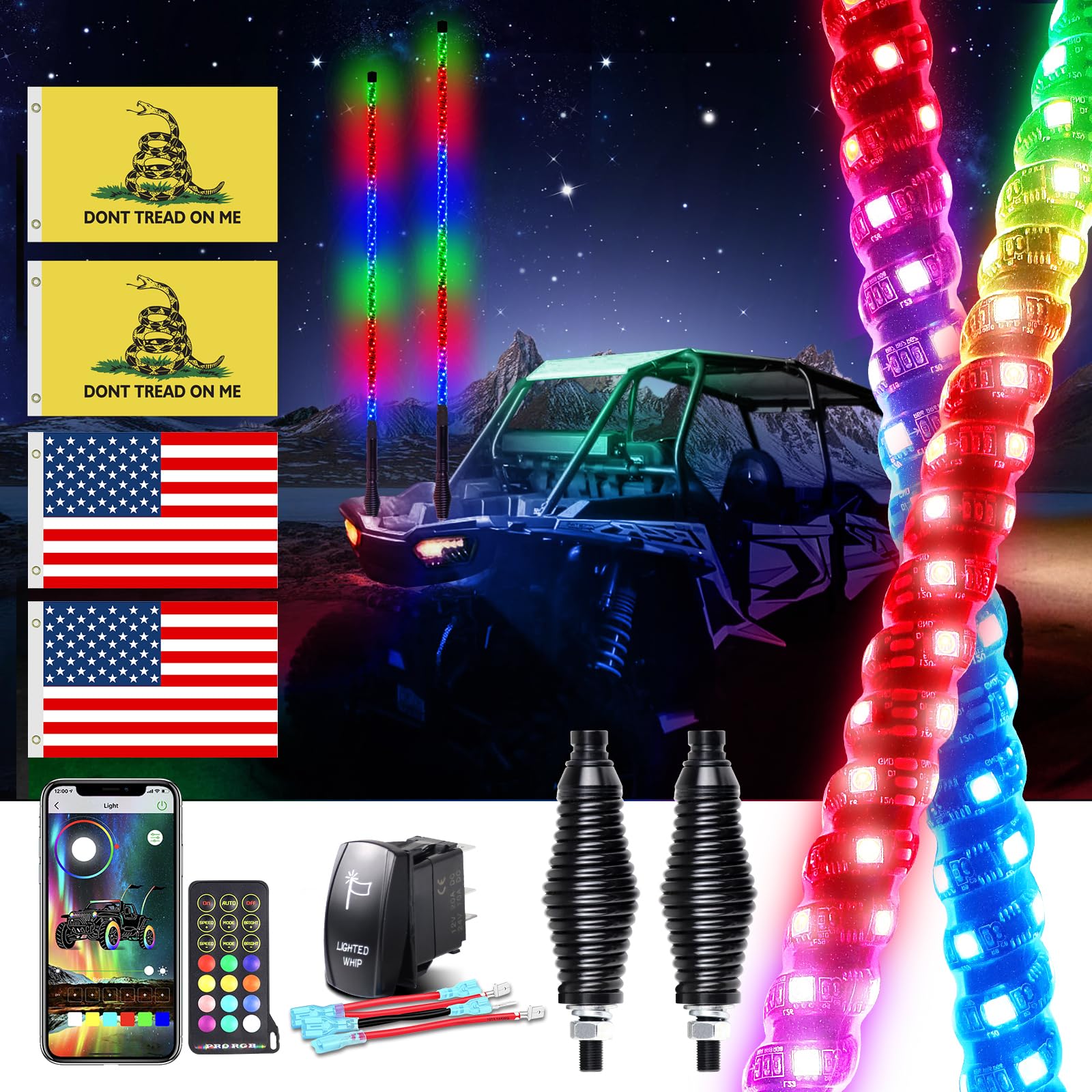 Viswiker 2Pcs 3Ft Led Whip Lights With Chasing Colors And App Control For Utv Atv, With Spring Base, Remote, And Rocker Switch, Ultimate Off-Road Light For Can-Am Polaris Rzr Dune Buggies