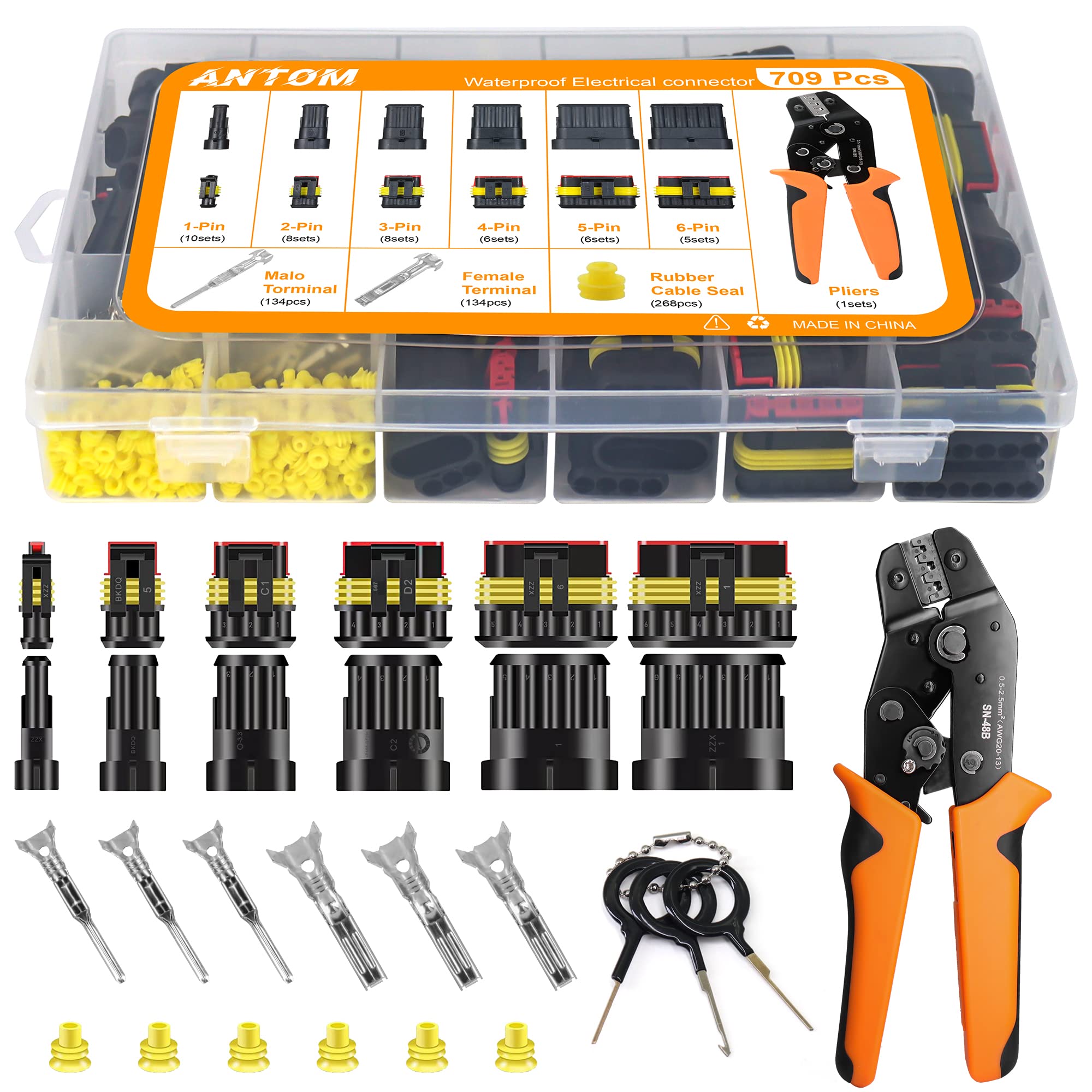 Antom 709Pcs Water Proof Wire Connectors 43 Kits-1/2/3/4/5/6 Pin Automotive Electrical Connectors-With Ratcheting Wire Crimper-Waterproof Connectors For Wiring