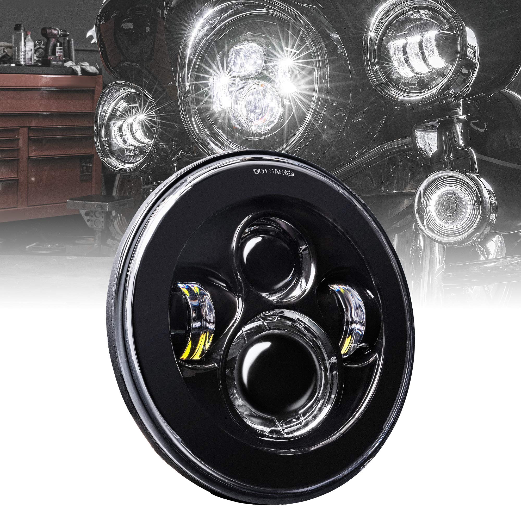 True Mods 7' Led Headlight For Harley Davidson [Black-Finish] [4500 Lumen] [H4 Converters Plug And Play] [Built-In Can Bus] For Touring Dyna Electra Glide Road King Softail Fatboy Road Glide