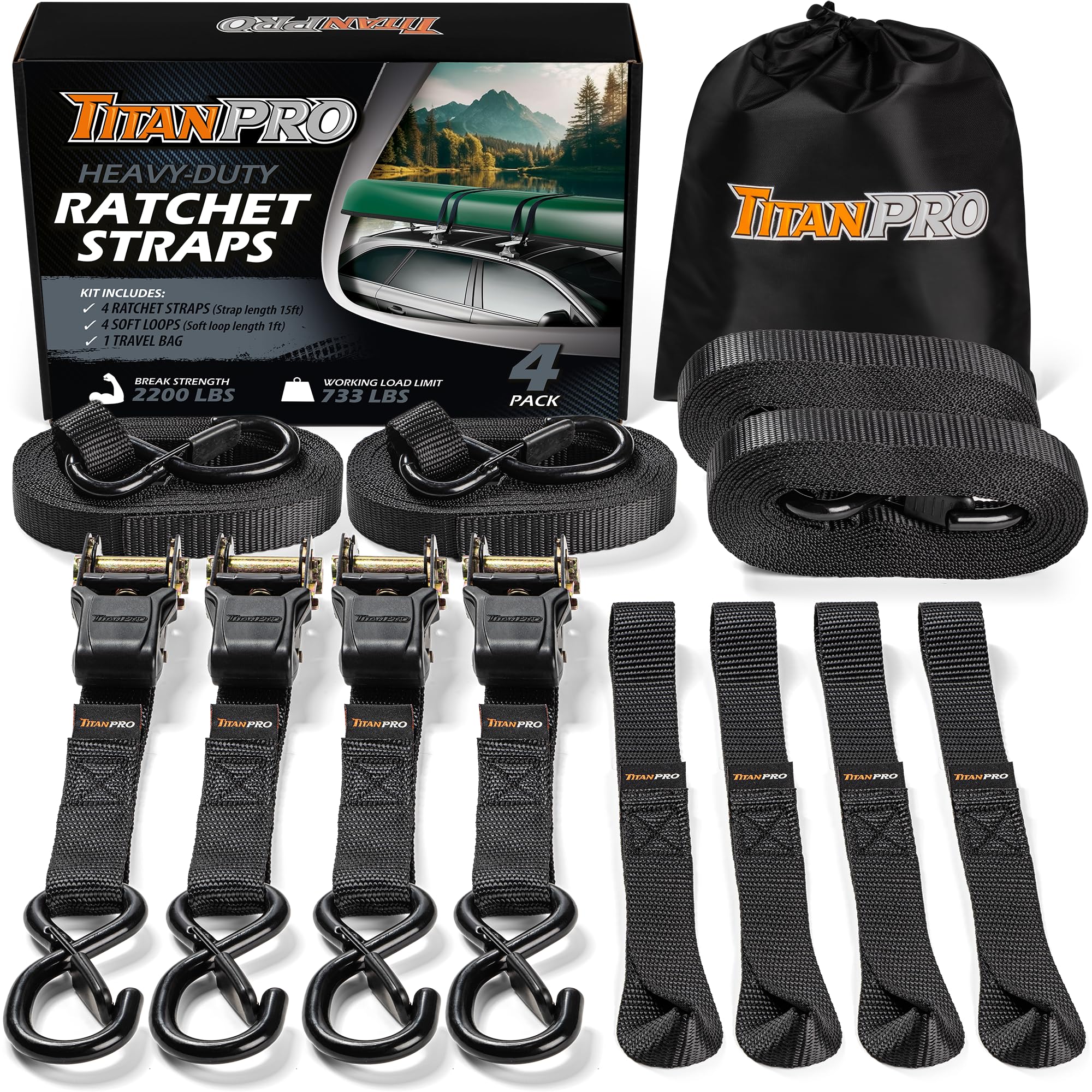 Titanpro Heavy Duty Ratchet Straps 4-Pack - 2,200Lb Break Strength, 1' X 15' Rachet Tie Downs With Padded Handles - Heavy Duty, Truck, Motorcycle, Moving Straps (Black)