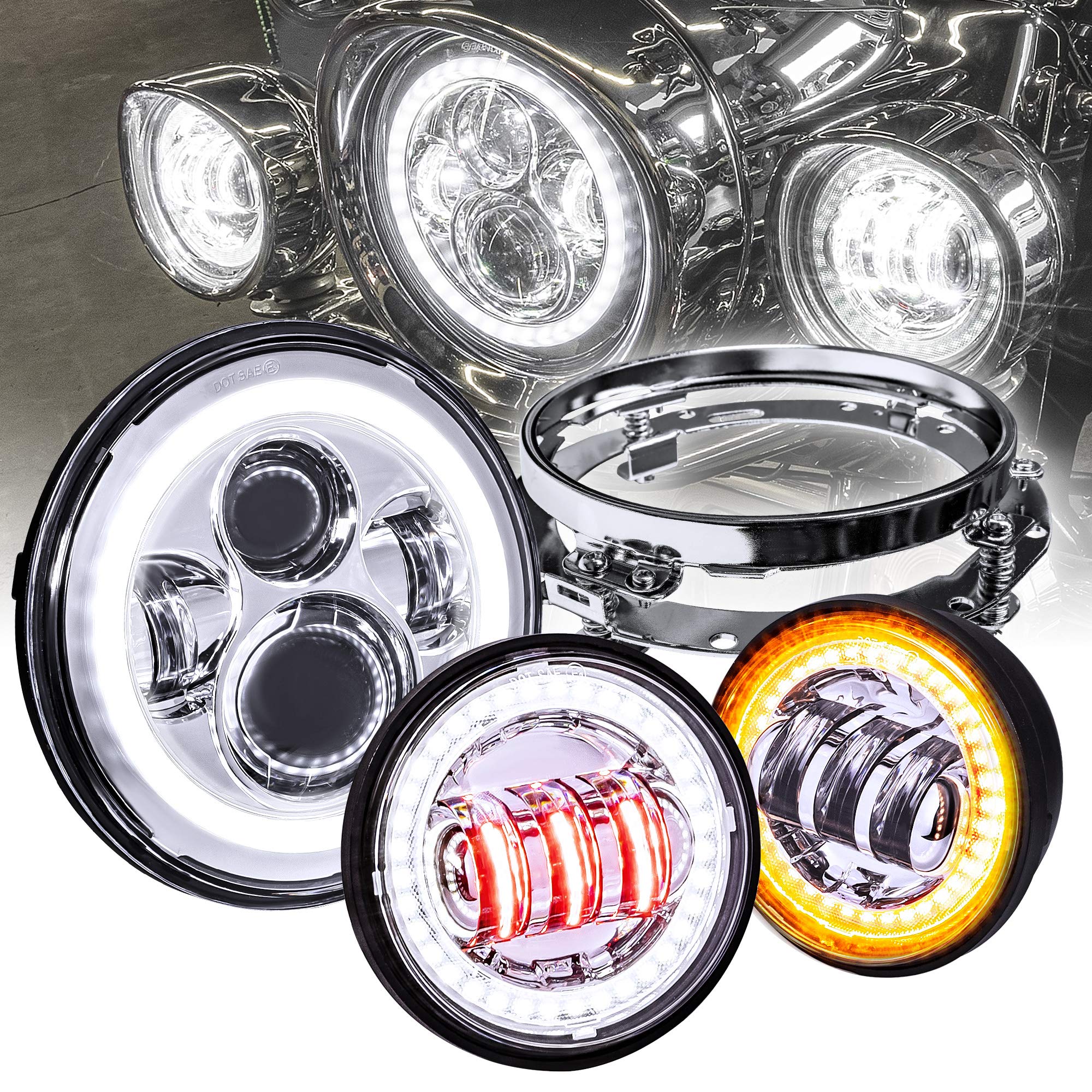 True Mods 7' Led Headlight/4.5' Passing Light For Harley Davidson + Mounting Bracket [Chrome-Finish] [Halo Drl] [4500/1440 Lm] [Plug & Play] For Dyna Electra Glide Road King Softail Fatboy